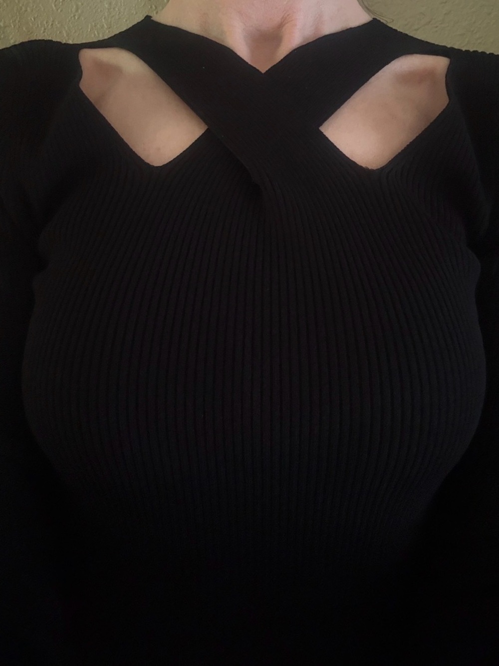MICHAEL Michael Kors Black Ribbed Cross-Neck Long Sleeve Top